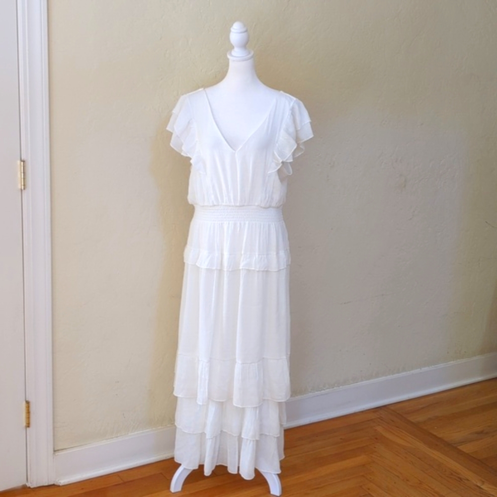 J Gee White Textured Tiered Ruffled V Neck Maxi Dress Size XL - Picture 4 of 10